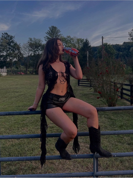 PrettyLittleThing Tops - Stagecoach Outfit Black Lace Duster with Black Leather Shorts with Bull Buckle
